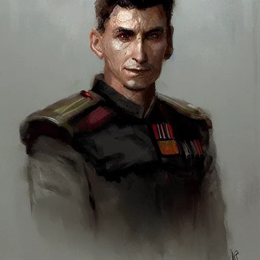 Image similar to portrait of a man by greg rutkowski, british features, short black hair in military style, straight jaw, tall and strong, star wars expanded, universe, he is about 3 0 years old, wearing imperial admiral uniform, artstation hq