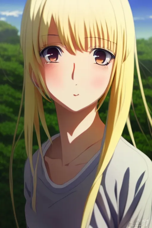 Prompt: anime art full body portrait character concept art, anime key visual of elegant young female, blonde straight bangs and large eyes, finely detailed perfect face delicate features directed gaze, grass at sunset in a valley landscape, trending on pixiv fanbox, studio ghibli, extremely high quality artwork