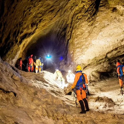 Image similar to photo of spelunkers in caving gear exploring a narrow beautiful cave full of gleaming geodes, crystals, and gemstones. professional journalistic photography from national geographic.