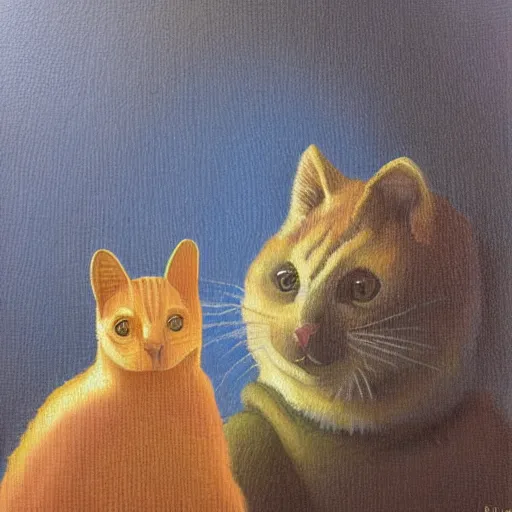 Image similar to detailing portrait oil painting of cat and quokka in the style of grant wood, perfect lighting