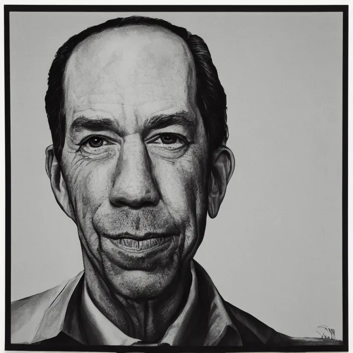 Image similar to a portrait of miguel ferrer, slight smile, dramatic, detailed, by brenda zlamany, by neale worley, by chuck close