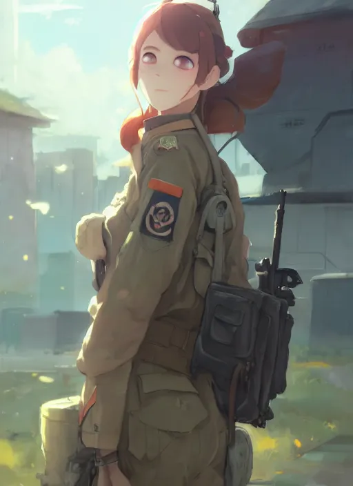 Image similar to portrait of cute soldier girl, smoky sky background urban landscape illustration concept art anime key visual trending pixiv fanbox by wlop and greg rutkowski and makoto shinkai and studio ghibli and kyoto animation soldier clothing military gear