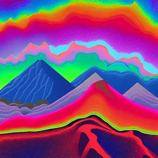Prompt: psychedelic mountains, heatmap skies, photorealistic