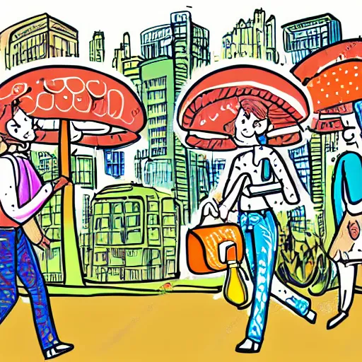 Image similar to Illustration of mushroom people going about their day in the city