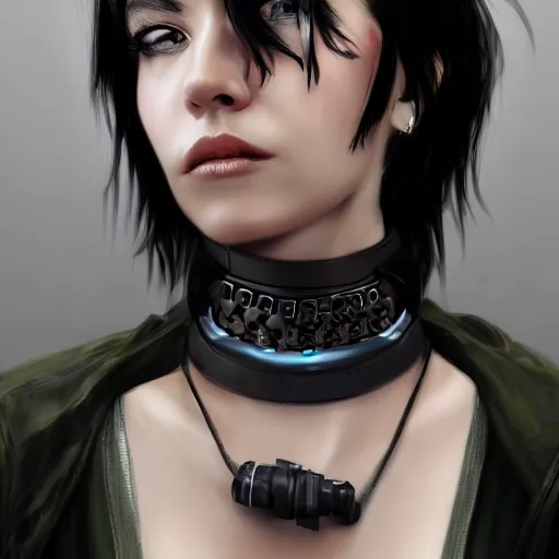 Prompt: realistic female character cyberpunk wearing technological collar around neck, realistic, art, beautiful, 4K, collar, choker, collar around neck, punk, artstation, detailed, female, woman, choker, dark,