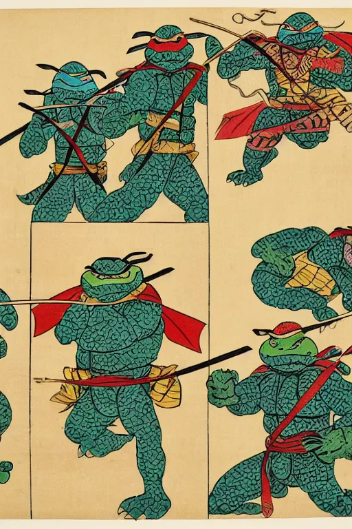 Image similar to Four Teenage Mutant Ninja Turtles, Japanese ukiyo-e ukiyo-ye woodblock print, by Moronobu