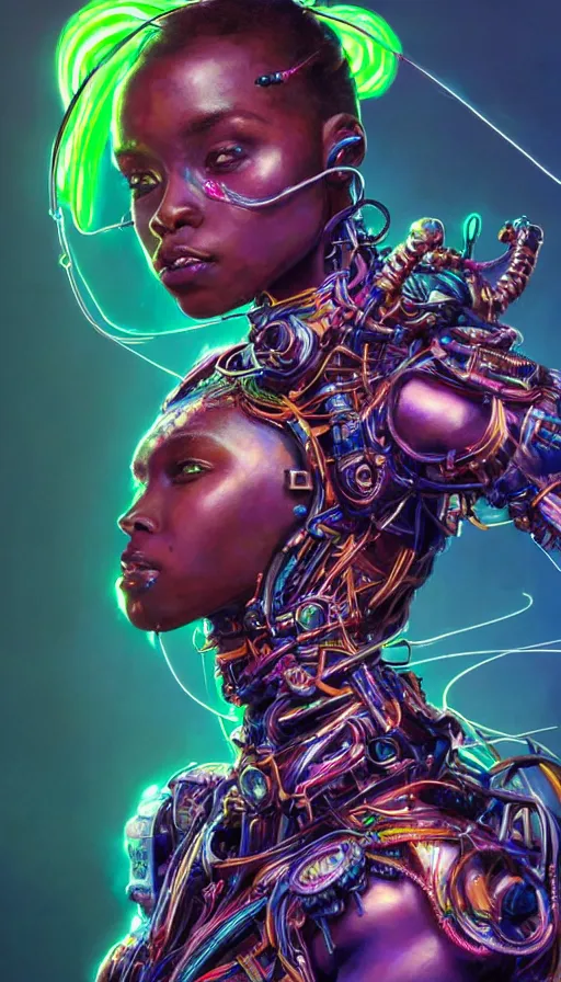 Image similar to zulu cyborg princess,covered in neon wire, insane, intricate, highly detailed, digital painting, artstation, concept art, smooth, sharp focus, illustration, Unreal Engine 5, 8K, art by artgerm and greg rutkowski and alphonse mucha