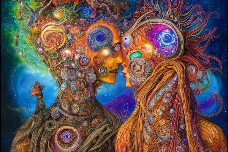 Image similar to two psychedelic shamans intertwined in a cosmic entanglement by Josephine Wall and Daniel Merriam, Artstation