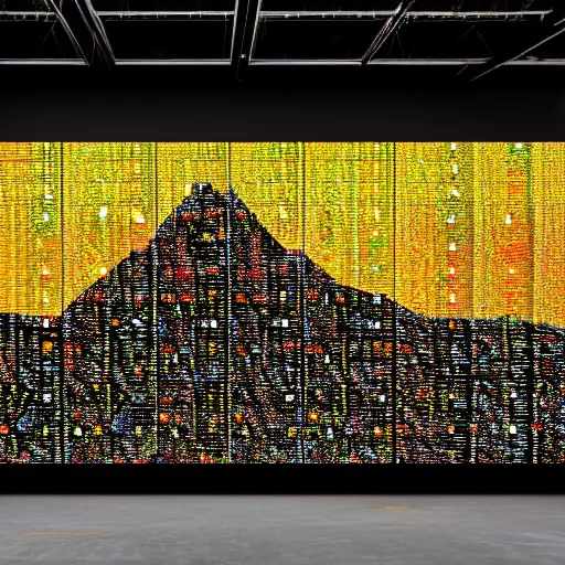 Image similar to a mountain made out of computer screens that display bitcoin logos, cinematic, post apocalyptic landscape, harsh contrast lighting, in the style of photorealism, made by richard estes robert cottingham gerhard richter robert longo ellen altfest