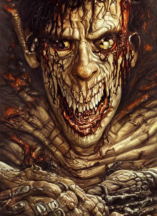 Image similar to portrait of Cookie Monster in Evil Dead (2013), highly detailed, centered, solid color background, digital painting, artstation, concept art, smooth, sharp focus, illustration, artgerm, donato giancola, Joseph Christian Leyendecker, Les Edwards, Ed Repka, WLOP