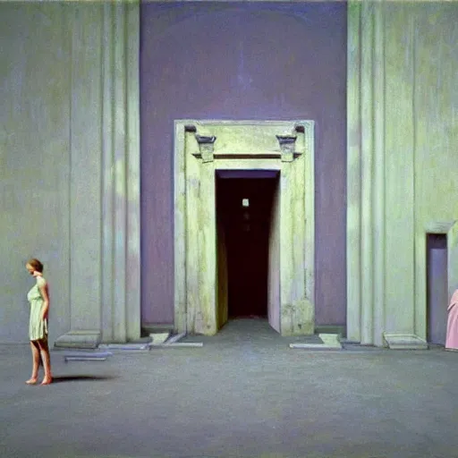 Prompt: procession of women in an haunted liminal abandoned temple, film still by edward hopper, by gottfried helnwein, by klimt, art noveau, highly detailed, strong lights, liminal, eerie, bright pastel colors,