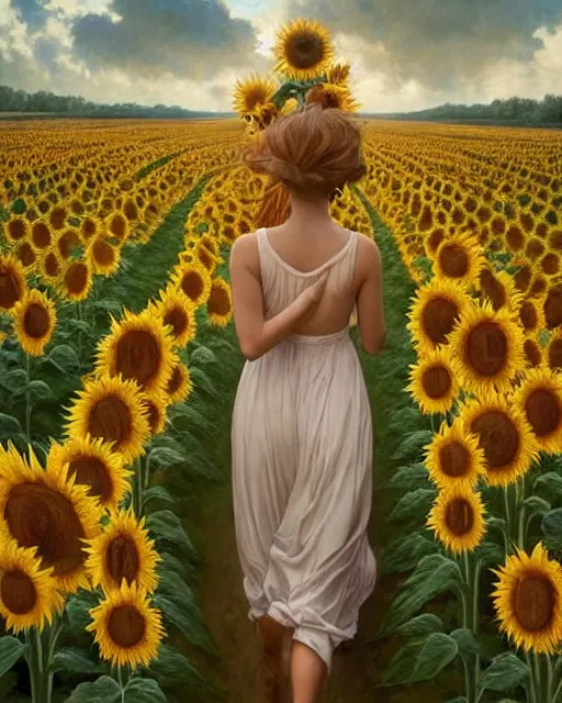 Prompt: a girl slowly walking through amazing tall sunflower field, hair flowing, early morning lightning, bad weather approaching, oil on canvas, artstation, by j. c. leyendecker and edmund blair leighton and charlie bowater, beautiful face, octane, very aesthetic!!!!!!!!!!!!!!!