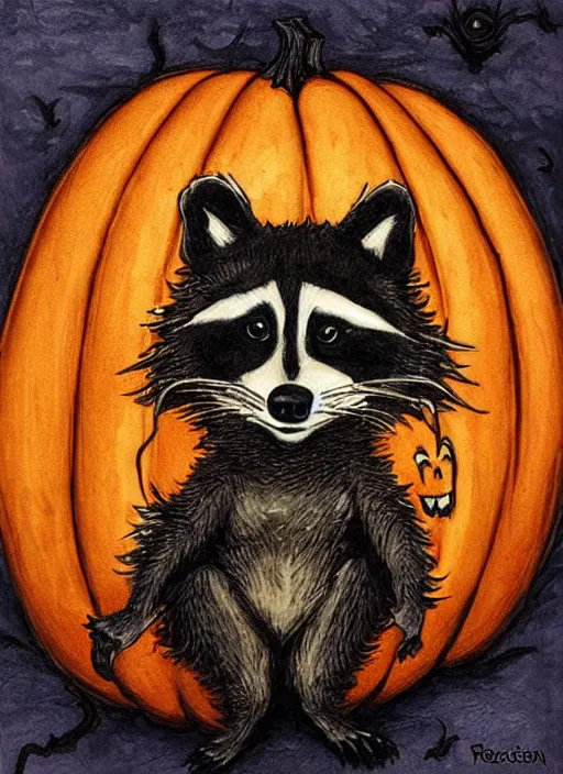 Image similar to halloween pumpkin in the shape of a raccoon by Rebecca Guay art, high quality, highly detailed,