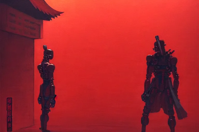 Image similar to only with red, a red cyborg samurai, tokio futuristic in background, some evil yokai, in the style of beksinski, parts by edward hopper, parts by rodcenko, parts by yue minjun, intricate and epic composition, red by caravaggio, insanely quality, highly detailed, masterpiece, red light, artstation, 4 k