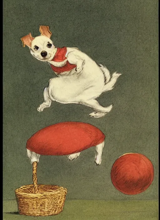 Prompt: jack russel terrier jumping on red ball, illustrated by peggy fortnum and beatrix potter and sir john tenniel