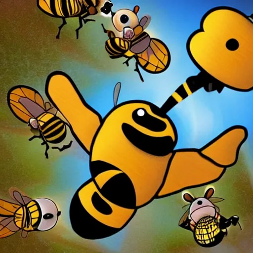 Image similar to A giant bee fighting a bunch of tiny bears