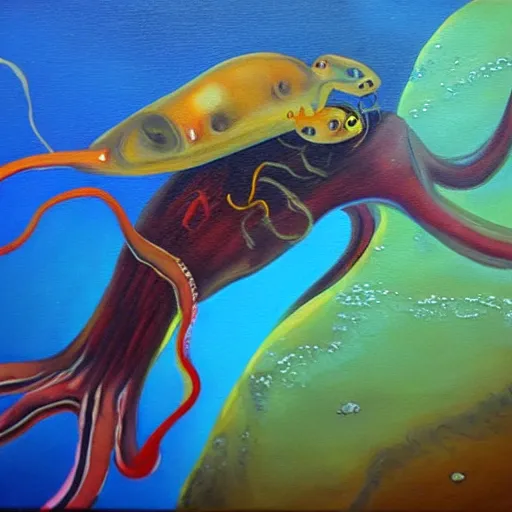 Prompt: oil painting of a squid swimming through the ocean with a diver as he reaches out, curiosity, discovery, deep sea, beautiful