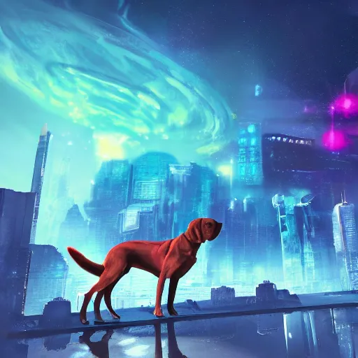 Image similar to dog nebula above cyberpunk planet