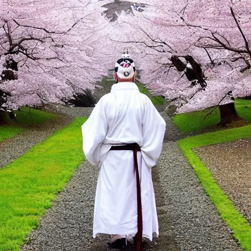 Prompt: a beautiful White cloaked Samurai Warrior with Sword Drawn in a garden of Cherry Blossom Trees :: Mystical, Magical, Supernatural :: by Mitsuru Adachi