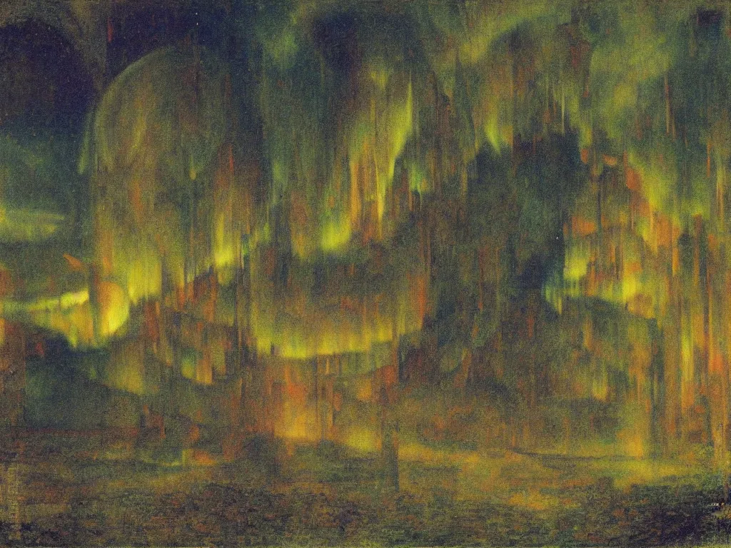 Prompt: painting by mikalojus konstantinas ciurlionis, bosch, arnold bocklin. island of the dead, aurora borealis