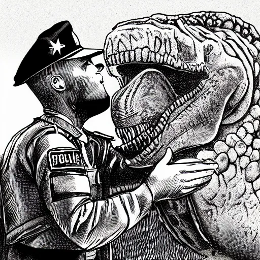Image similar to super detailed illustration of a police officer and a dinosaur kissing in a war zone
