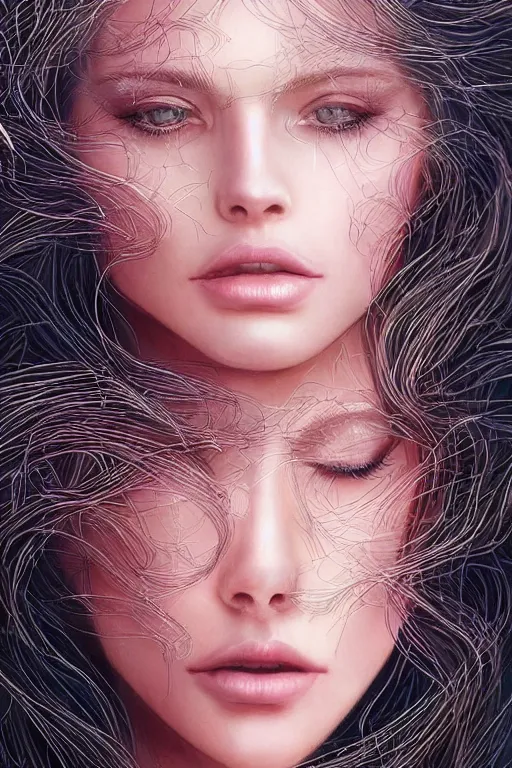 Image similar to one beautiful young woman's face, magical, windblown, intricate, synth-wave, retrowave, highly-detailed, elegant, dramatic lighting, gorgeous face, lifelike, photorealistic face, long luxurious intricate gown, digital painting, artstation, illustration, concept art, smooth, sharp focus, art by Craig Russel, Barry Smith, artgerm, and Albert Aublet and Krenz Cushart and Artem Demura and Alphonse Mucha