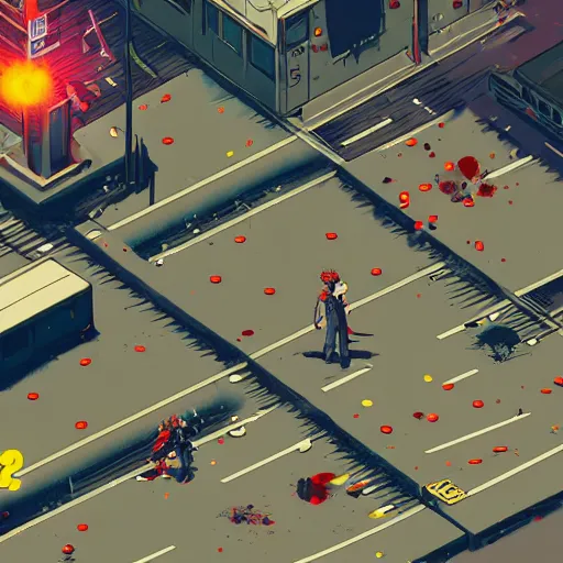 Image similar to 1991 Isometric Video Game Screenshot, Anime Neo-tokyo Cyborg bank robbers vs police shootout, bags of money, Police officer hit, Bullet Holes and Blood Splatter, Hostages, Smoke Grenade, Cyberpunk, Anime VFX, Violent, Action, Fire fight, FLCL, Free-fire, Highly Detailed, 8k :4 by Katsuhiro Otomo + Studio Gainax + Arc System Works : 8