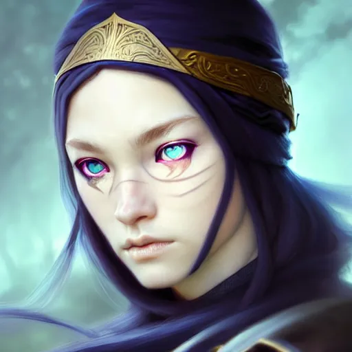 Image similar to portrait of the young ninja girl with heterochromia, d & d, left eye is blue and right eye is red, blond hair, face, dark fantasy, intricate, elegant, highly detailed, digital painting, artstation, concept art, smooth, sharp focus, illustration, art by artgerm and greg rutkowski and alphonse mucha