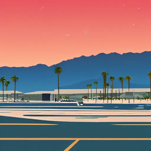 Image similar to a beautiful illustration of palm springs airport by James gilleard, artstation HD, geometric lines, HD, 4k, 8k