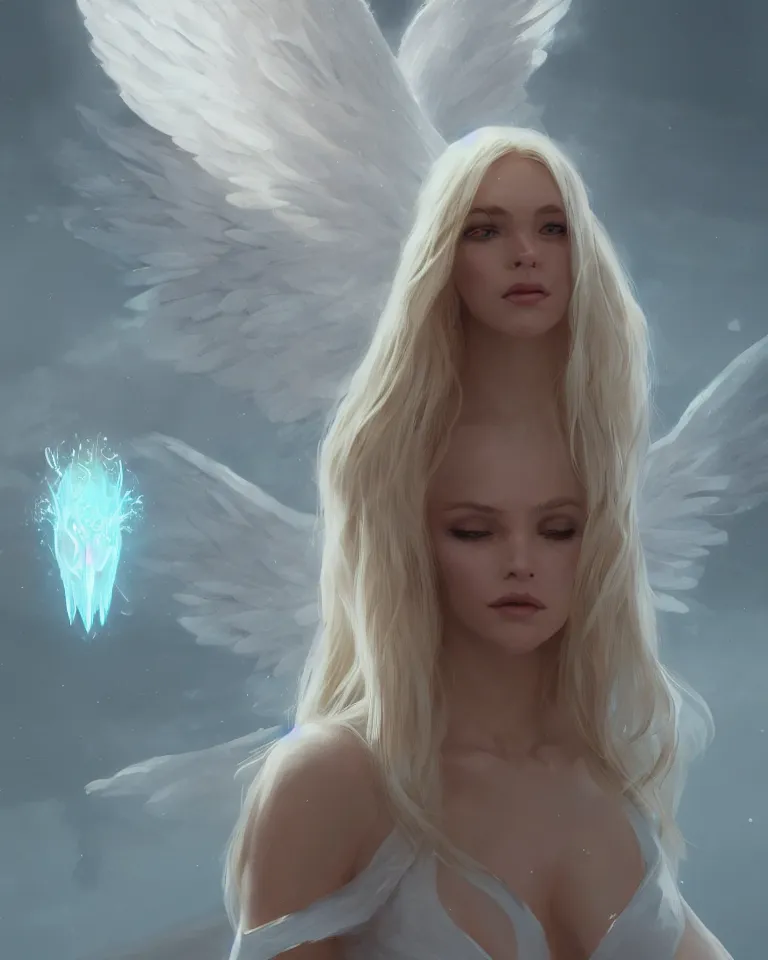 Image similar to portrait of a blonde fantasy goddess, white elegant clothing, glowing aura, angel wings, artstation, 4 k, greg rutkowski, concept art, matte painting