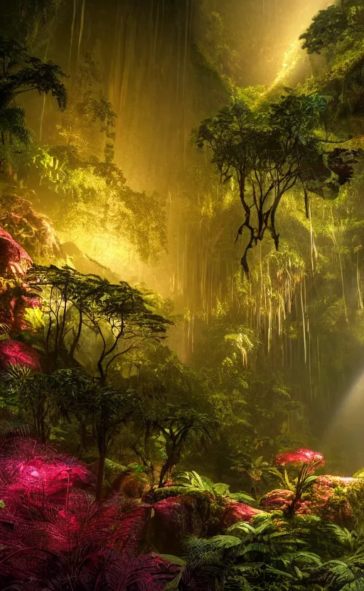 Image similar to a beautiful render of a dark prehistoric rainforest in a humongous cave, lush flora, patches of yellowish - red - magenta sky, sunset lighting, floating mountains and a waterfall in the background, intricate detail, hazy, humid, volumetric lighting, god rays, 8 k, photorealistic, raytracing effects, unreal engine 5