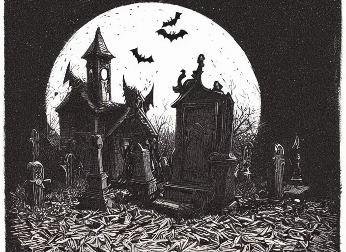 Image similar to two tone woodcut print, halloween ghost in graveyard at midnight by greg rutkowski, fine details, highly detailed