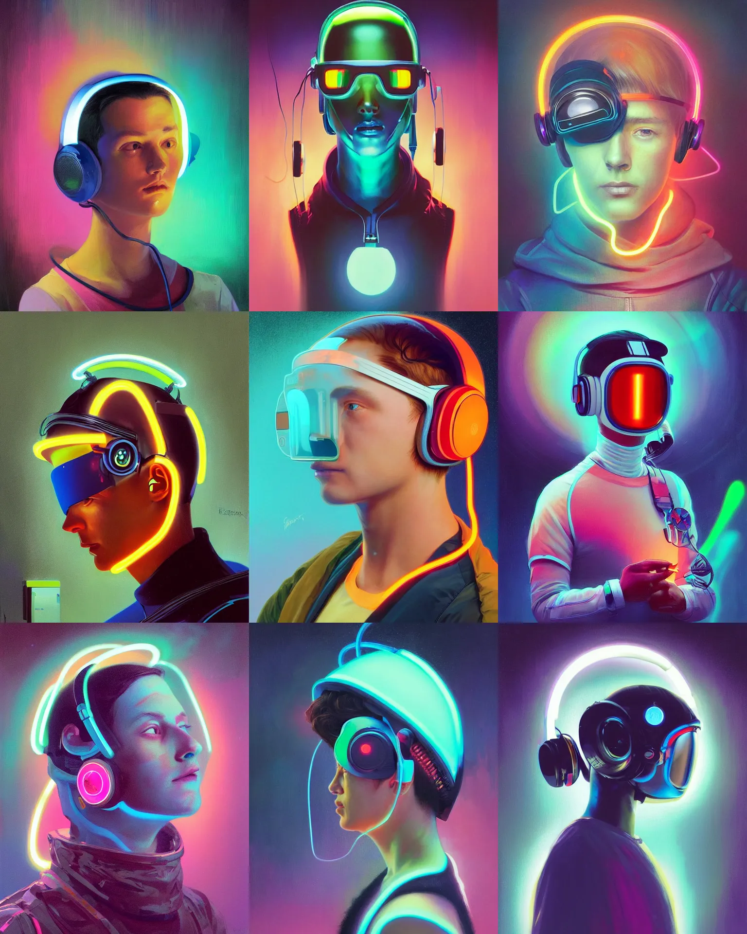 Prompt: a future coder looking on, gradient visor over eyes and sleek neon headphones, neon accents, bottom lighting, desaturated headshot portrait painting by dean cornwall, ilya repin, rhads, tom whalen, alex grey, alphonse mucha, donoto giancola, astronaut cyberpunk electric fashion photography