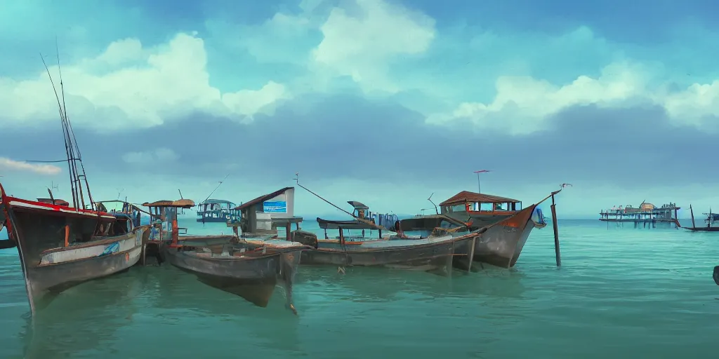 Prompt: pulau indah jetty, boat in foreground, near a fishing town, early morning, detailed matte painting, low angle view, telephoto lens, bokeh, studio ghibli, artstation