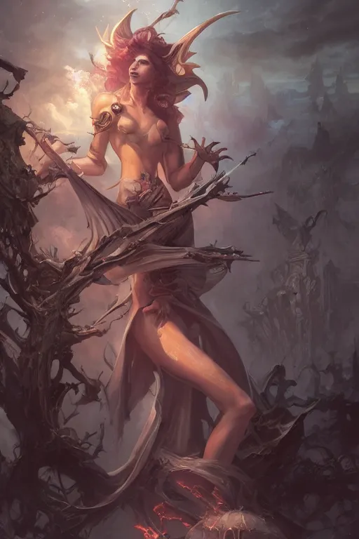 Image similar to beautiful girl necromancer full of sculls, wizard of the coast casting magic spell, angel, magic storm and thunder clouds, scifi, fantasy, magic the gathering, hyper detailed, octane render, concept art, 3 d render, hyper realistic detailed portrait, peter mohrbacher, wlop