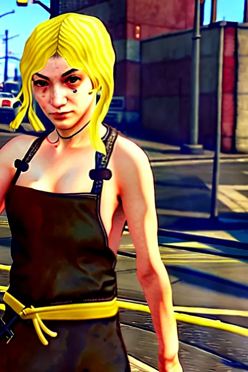 Image similar to A cute spaghetti-girl thief protagonist with leather-strap-armor and ninja weapons in GTA 5