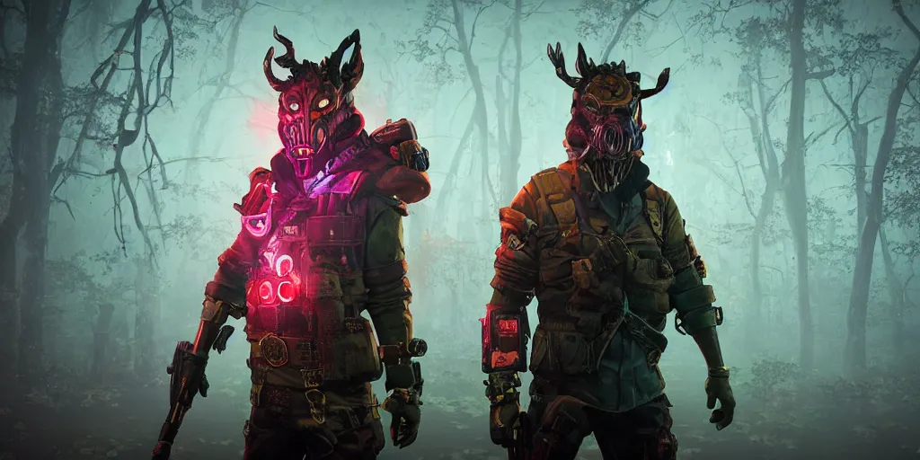 Prompt: inside of strange misty swamp landscape a gamekeeper wearing a steampunk and cyberpunk mechanical fluorescent mystical animal mask and red hood. in style of fornite game. night fog,, beautiful render, octane render