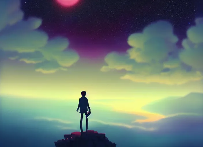 Prompt: dark silhuette of a man standing on a gray dull cliff looking out into a colorful cosmos, clouds, stars, rings, beautiful lighting, vivid colors, intricate, elegant, cgsociety, artstation trending, makoto shinkai art style