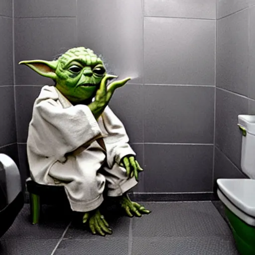 Image similar to photo of yoda sitting on the toilet