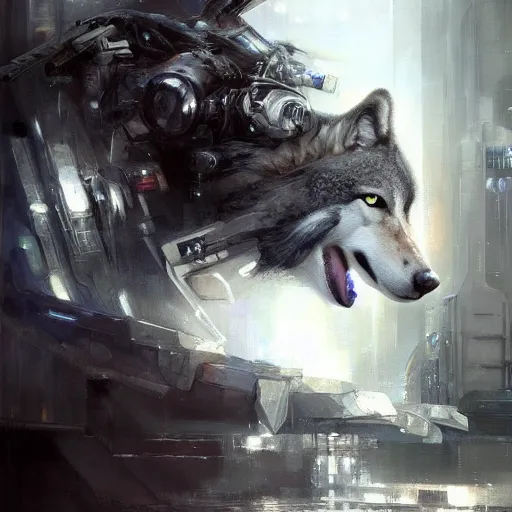 Image similar to grey wolf, painting by Raymond Swanland, cyberpunk, sci-fi cybernetic implants hq