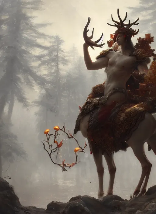 Prompt: Gigantic Deity with white antlers and translucent mushrooms, extremly detailed oil painting, in the style of Fenghua Zhong and Ruan Jia and Jeremy Lipking, rim light, beautiful lighting, mystic, 8k, stunning scene, raytracing, octane, trending on artstation