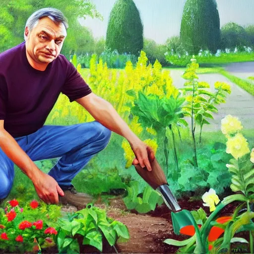 Image similar to viktor orban gardening, oil painting