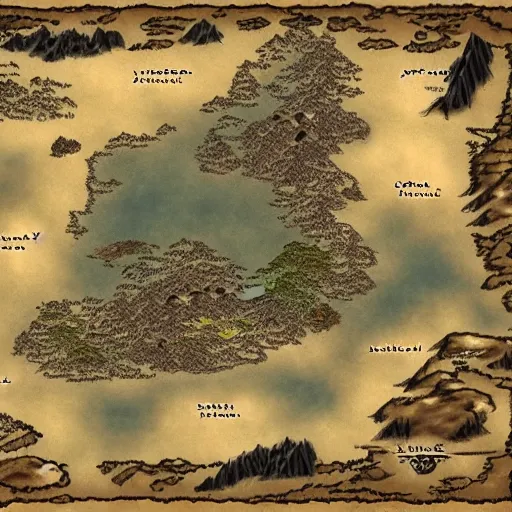Prompt: dnd world map, mountains, villages, rivers, oceans, islands