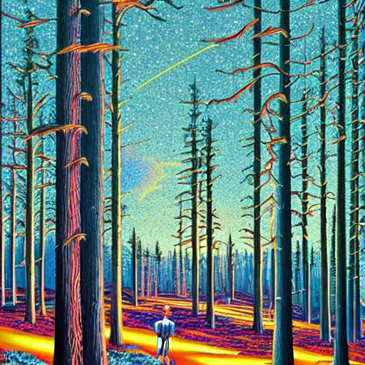 Prompt: psychedelic, trippy, pine forest, midnight, cartoon by rob gonsalves, sharp focus, colorful refracted sparkles and lines, soft light