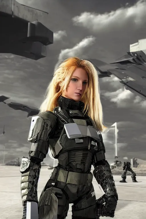 Prompt: portrait photo of beautiful young female space police officer, clothed in military armor, long hair blowing in the wind, from metal gear. Future war zone behind her. by Anita Sadowska