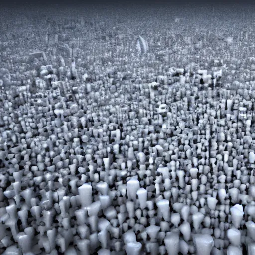 Image similar to A bird's-eye view of the city made of white mushrooms, unreal engine, HD, photo