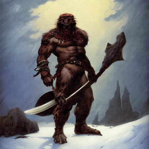 Prompt: anthropomorphic turtle barbarian humanoid by frank frazetta, carapace, blizzard, winter, night, furs, fantasy