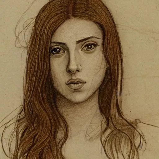 Image similar to a finished, detailed portrait drawing with reddish brown ink on parchment of a very young italian woman resembling scarlett johansson and ana de armas, by leonardo davinci in davinci's style from one of his notebooks