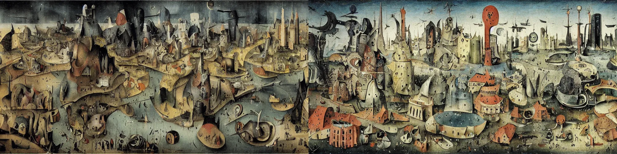 Prompt: a beautiful illustration of a retro futuristic city by Hieronymus Bosch | Graphic Novel, Visual Novel, Colored Pencil, Comic Book