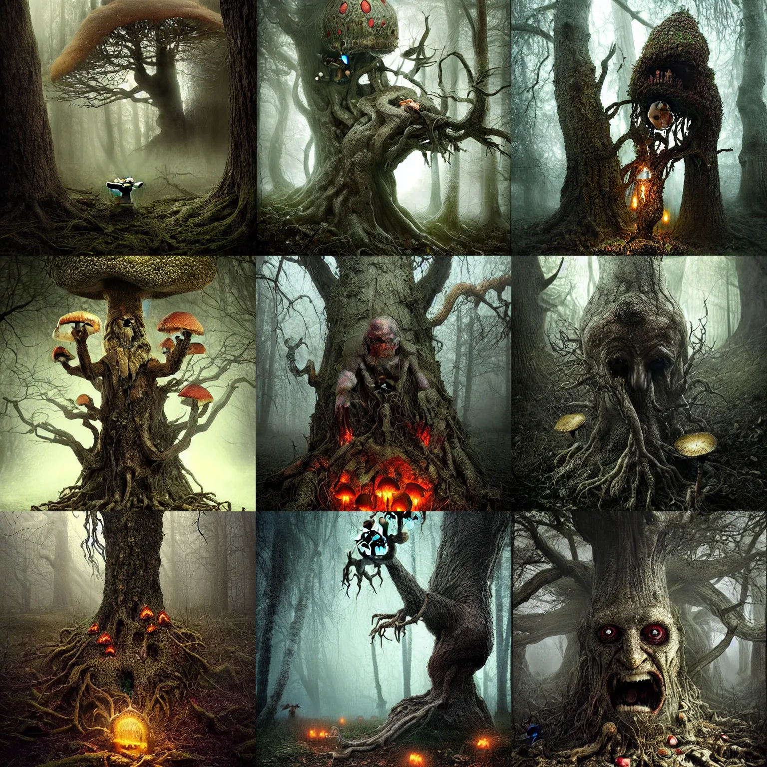 Prompt: creepy scary photograph of angry treebeard oak tree savagely stuffing amanita mushrooms!!! into his gaping maw 🍄, dark fantasy horror, highly detailed, disturbing tortured face made of wood, oak tree ent, fog, eerie mist, by greg rutkowski